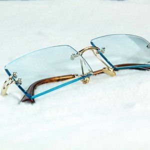 Mens Vintage Retro Rectangular Luxury Square Rimless Baby Blue Tint Sunglasses